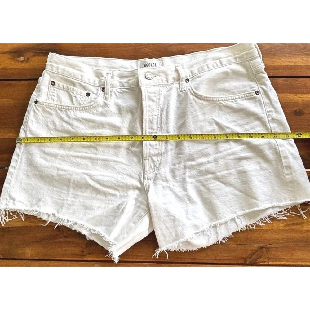 AGOLDE Parker Long Cutoff Shorts White Organic Cotton High Rise‎ Raw Hem Size 33